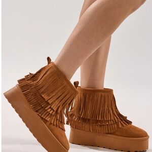 Fringe Suede Platform Ankle Boots - Brown
